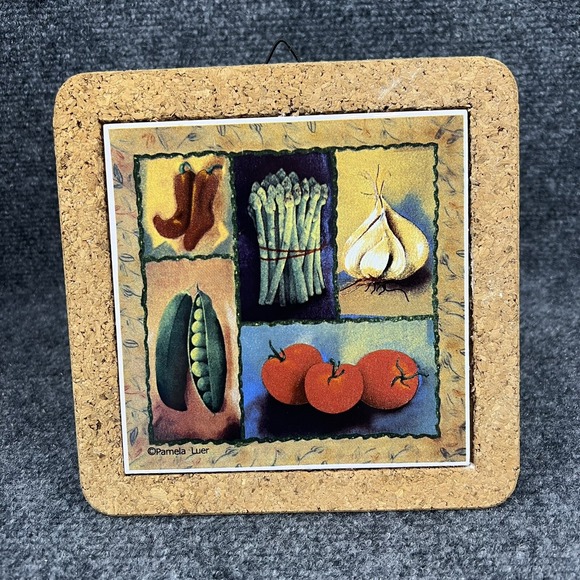 Pamela Luer Other - Pamela Luer Vegetable Ceramic Cork Frame Trivet 7.5"x7.5" Peppers Tomato Garlic